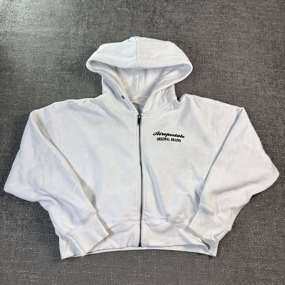 Aeropostale Zip Up Hoodie Women L White Cropped Graphic Y2K Fleece Sweatshirt
